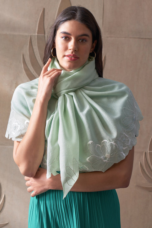 Magnolia Bloom Embroidered Wool Silk Stole
