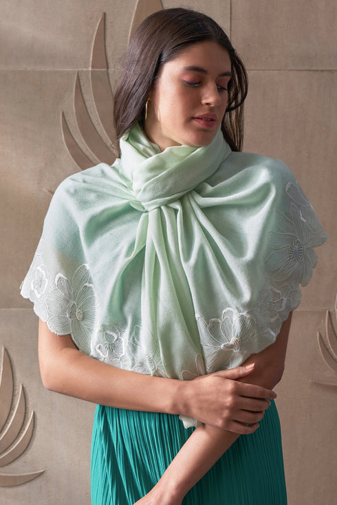 Magnolia Bloom Embroidered Wool Silk Stole
