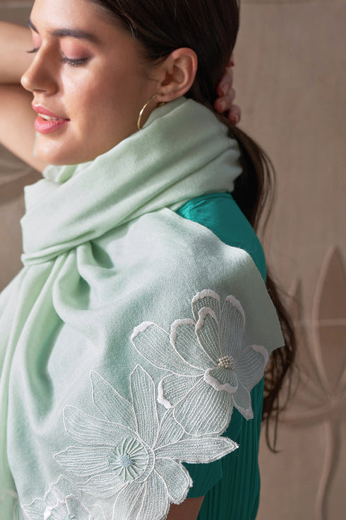 Magnolia Bloom Embroidered Wool Silk Stole