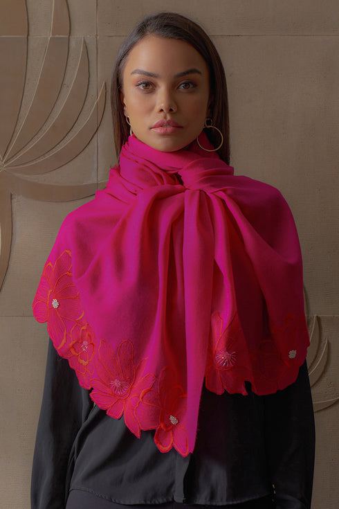 Magnolia Bloom Embroidered Wool Silk Stole