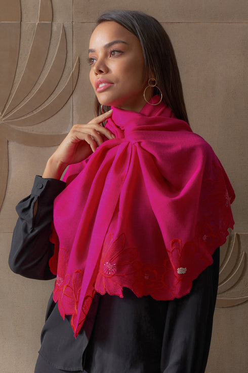 Magnolia Bloom Embroidered Wool Silk Stole