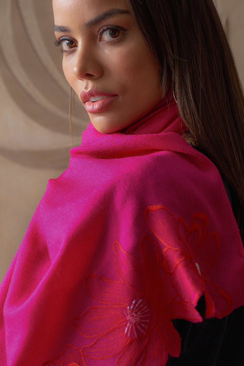 Magnolia Bloom Embroidered Wool Silk Stole