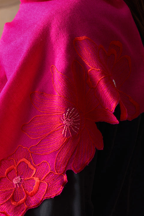 Magnolia Bloom Embroidered Wool Silk Stole