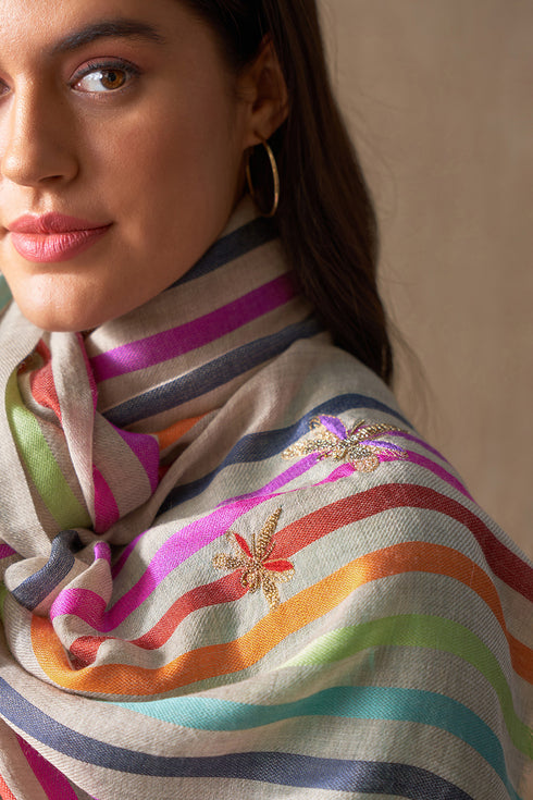 Rainbow Wings Embroidered Wool Silk Stole