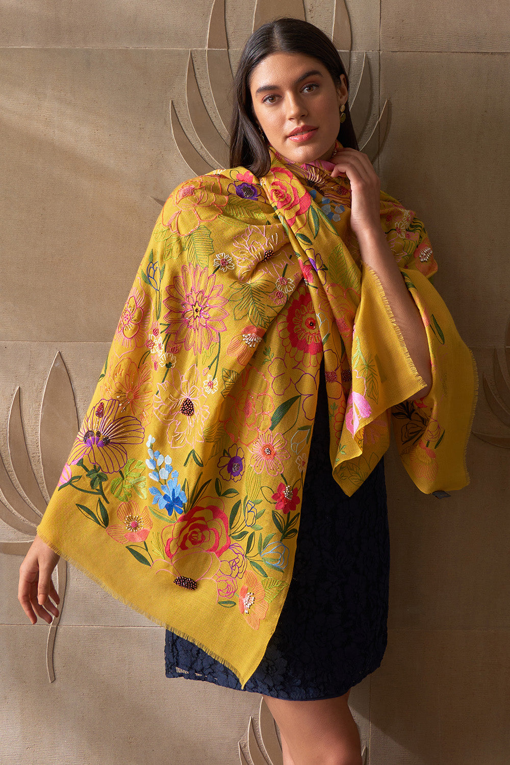 Tropical Bloom Embroidered Pure Cashmare Stole