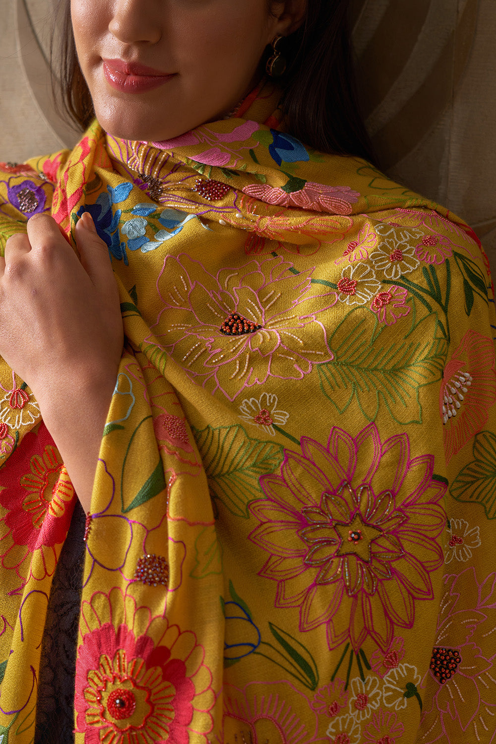 Tropical Bloom | Embroidered Pure Cashmere Stole
