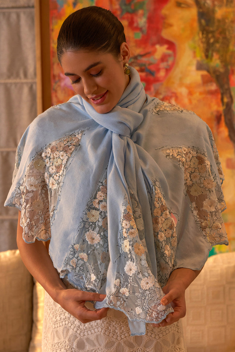Cherry Blossom Flounce | Embroidered Wool Silk Stole – Mauli Cashmere