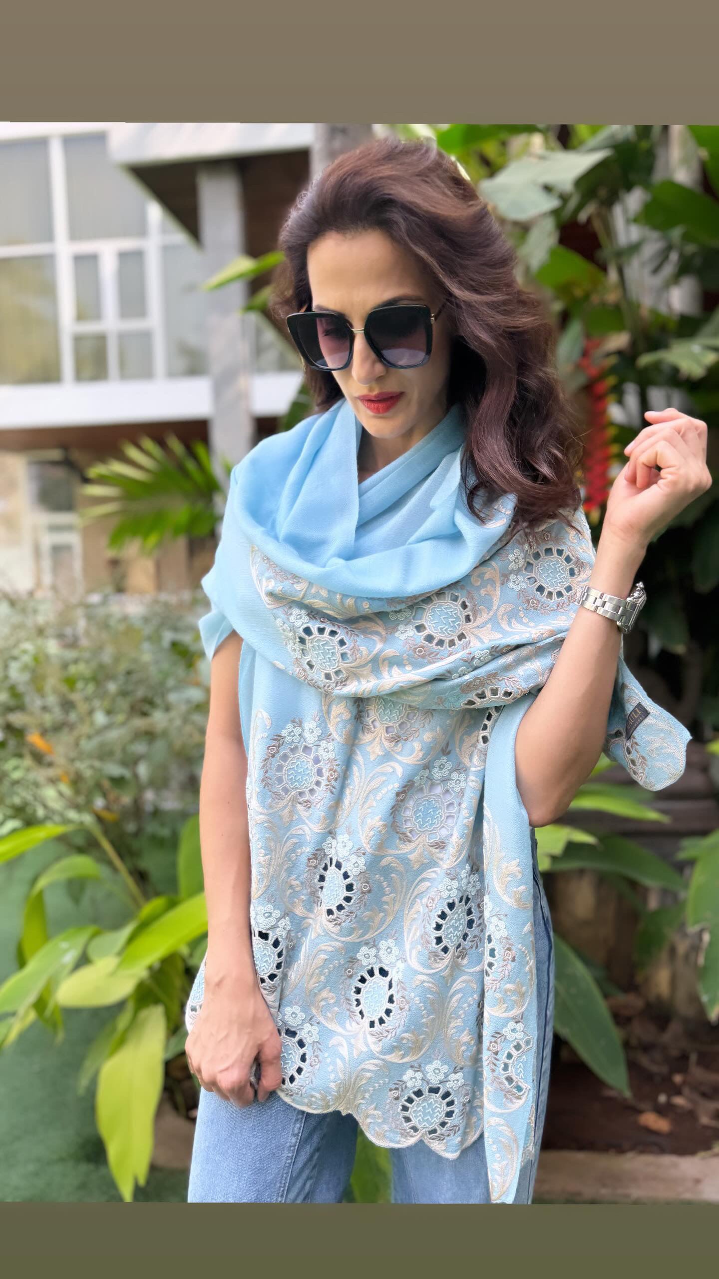 Leafy Sparkle Royal | Embroidered Fine Merino Wool Stole