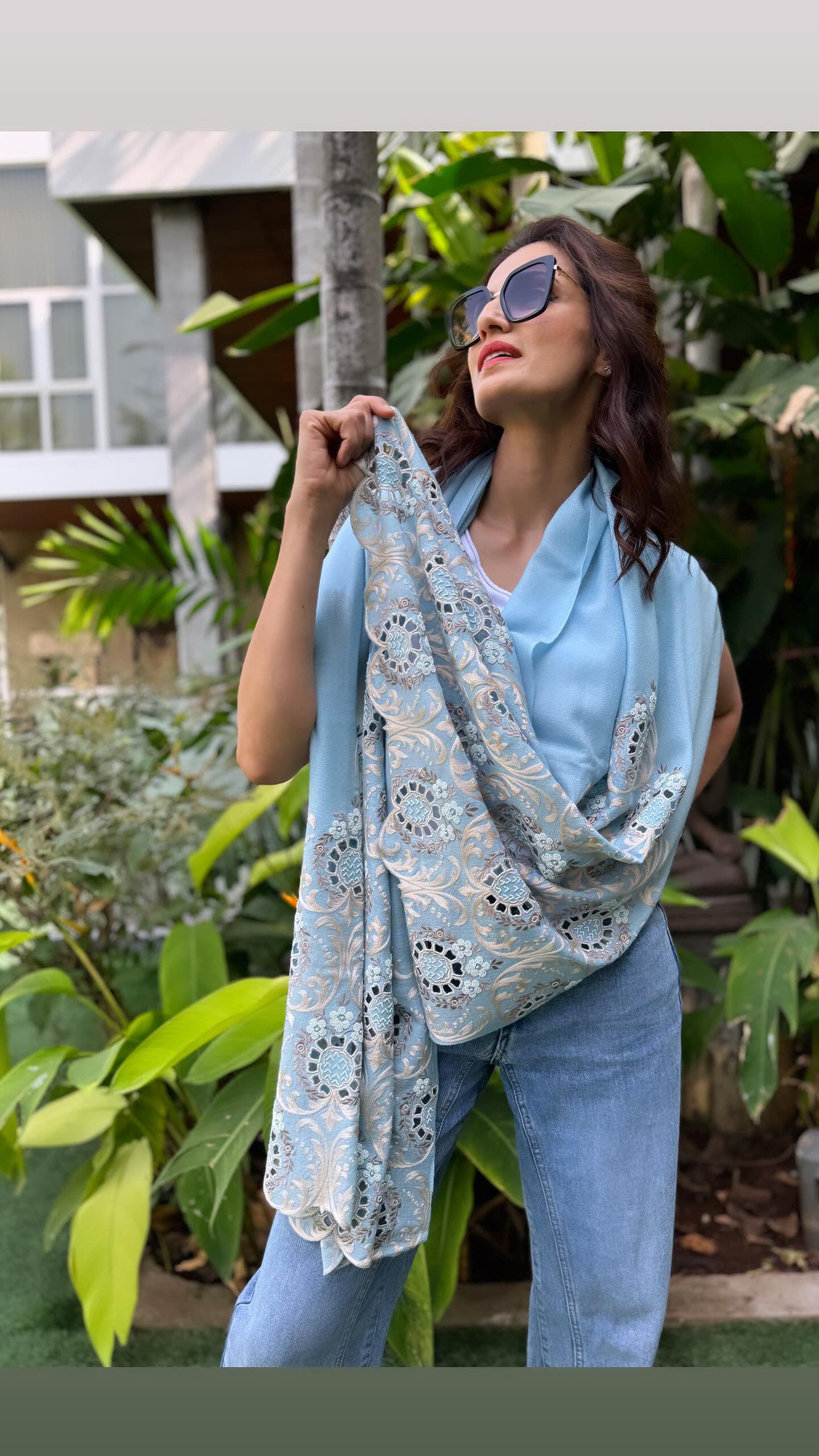 Leafy Sparkle Royal | Embroidered Fine Merino Wool Stole