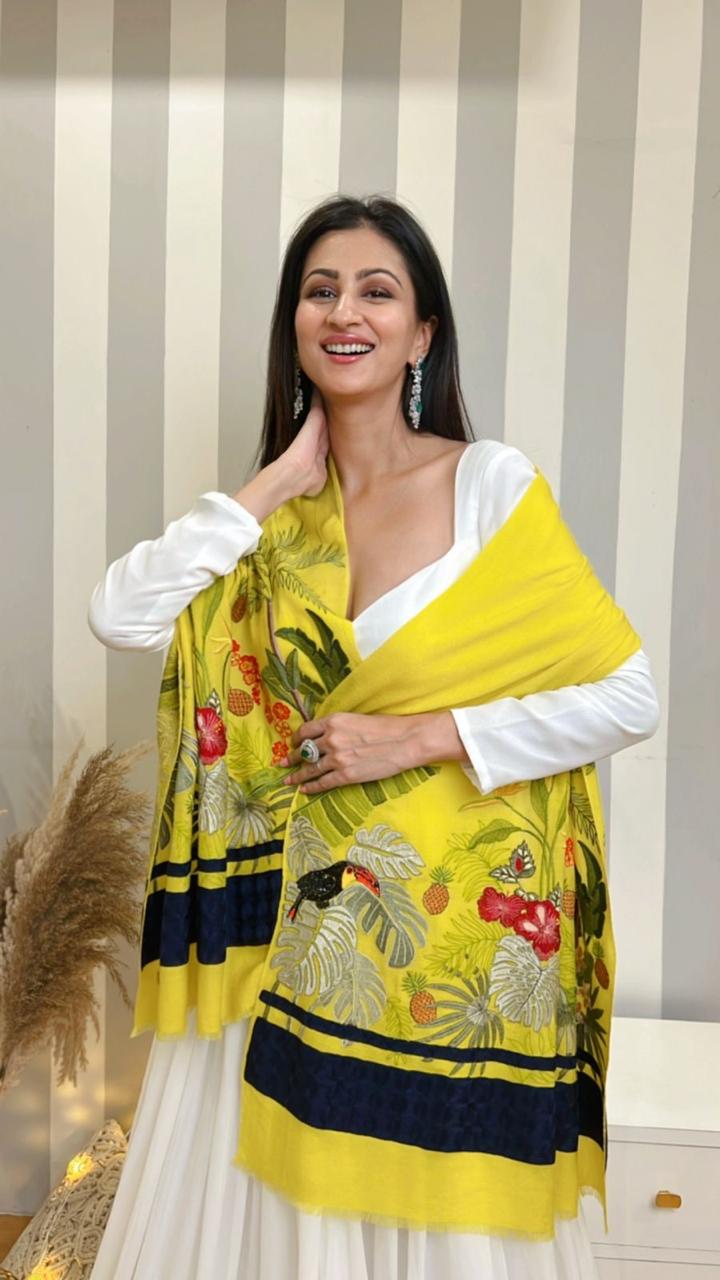 A Toucan's Day | Embroidered Fine Merino Wool Stole