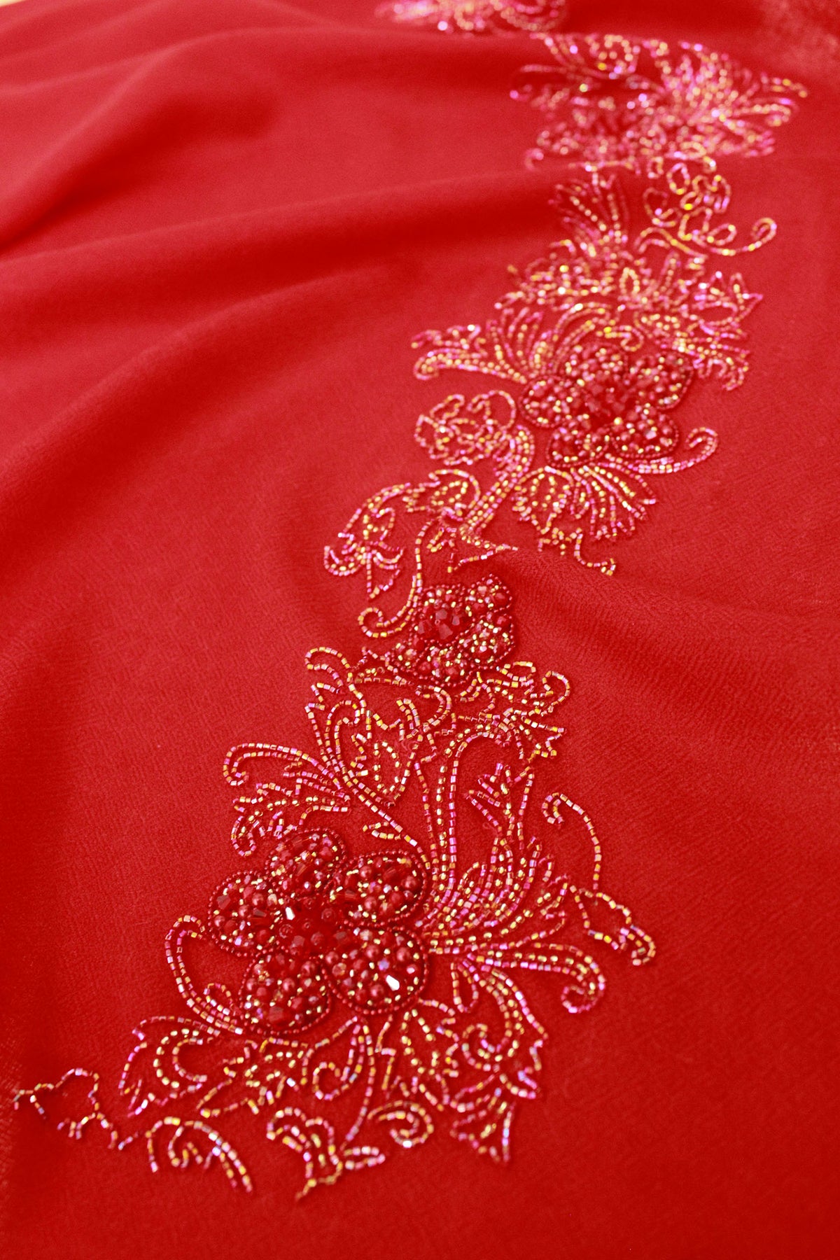 Princess Red Embroidered Cashmere Wool Stole