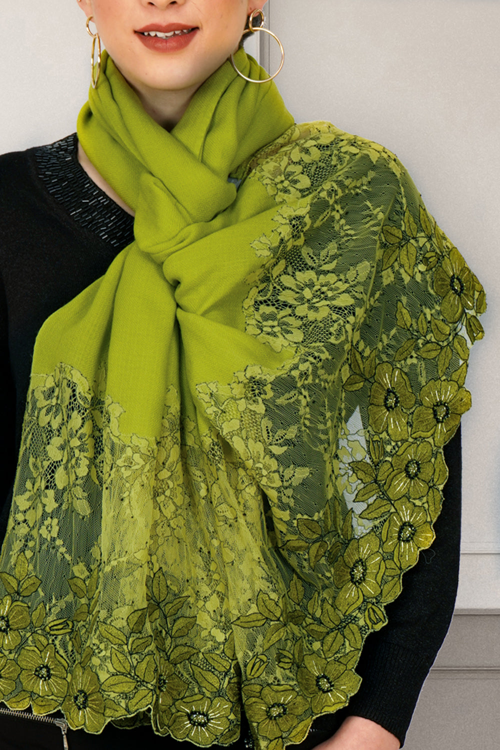 Floral Inset | Embroidered Fine Merino Wool Stole