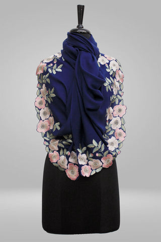 Colourful Floral Border | Embroidered Fine Wool Silk Stole