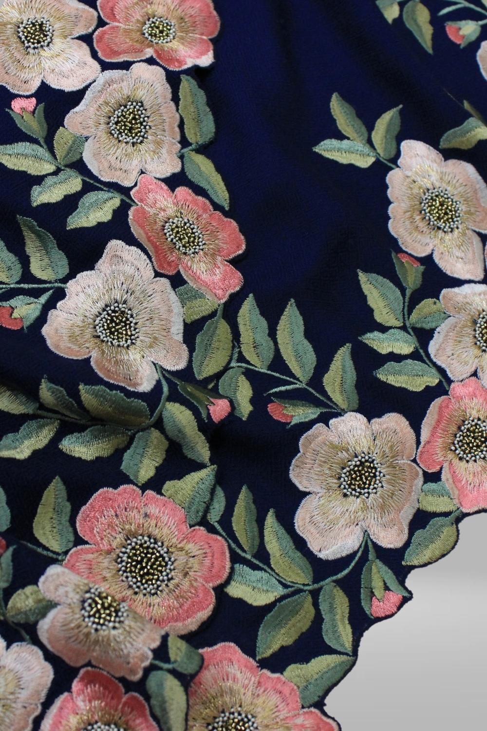 Colourful Floral Border | Embroidered Fine Wool Silk Stole
