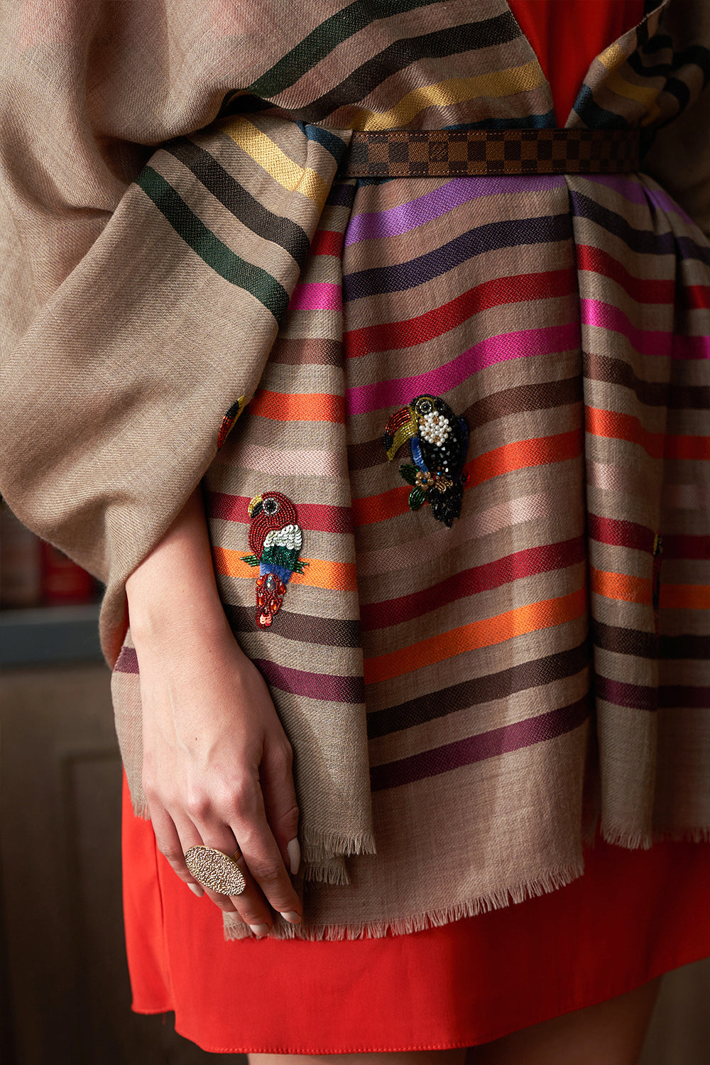Tricky Toucans | Embroidered Fine Wool Silk Stripe