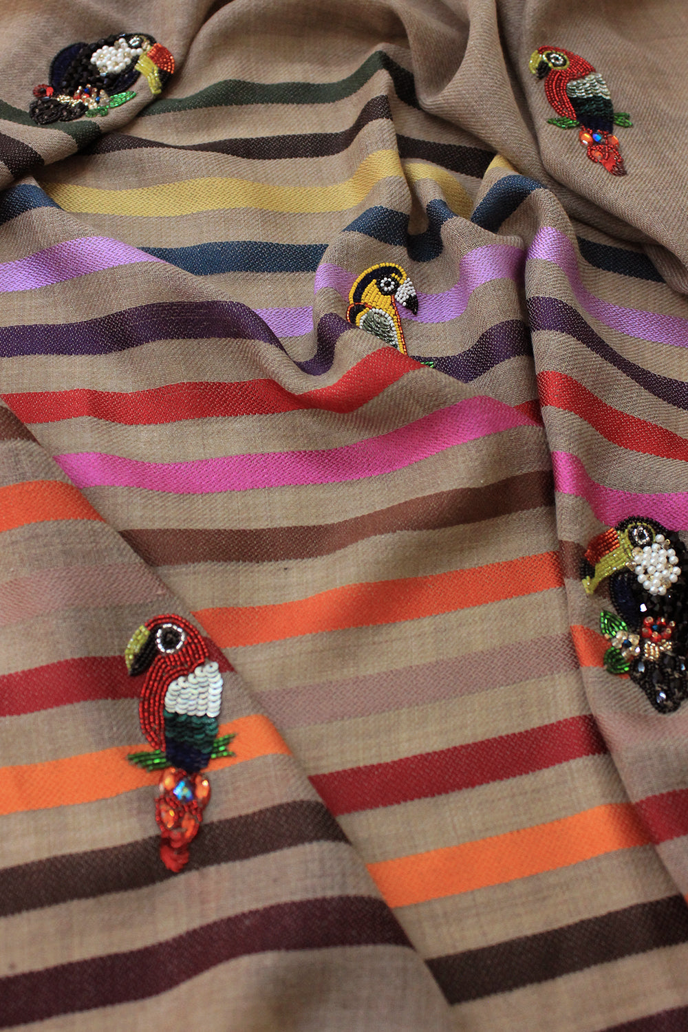 Tricky Toucans | Embroidered Fine Wool Silk Stripe