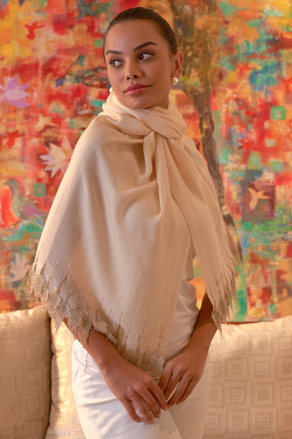 Leafy Sparkle | Embroidered Wool Silk Stole