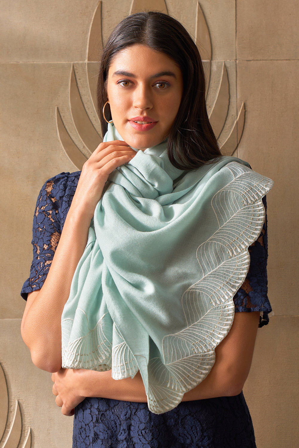 Majestic Wave  | Embroidered Wool Silk Stole