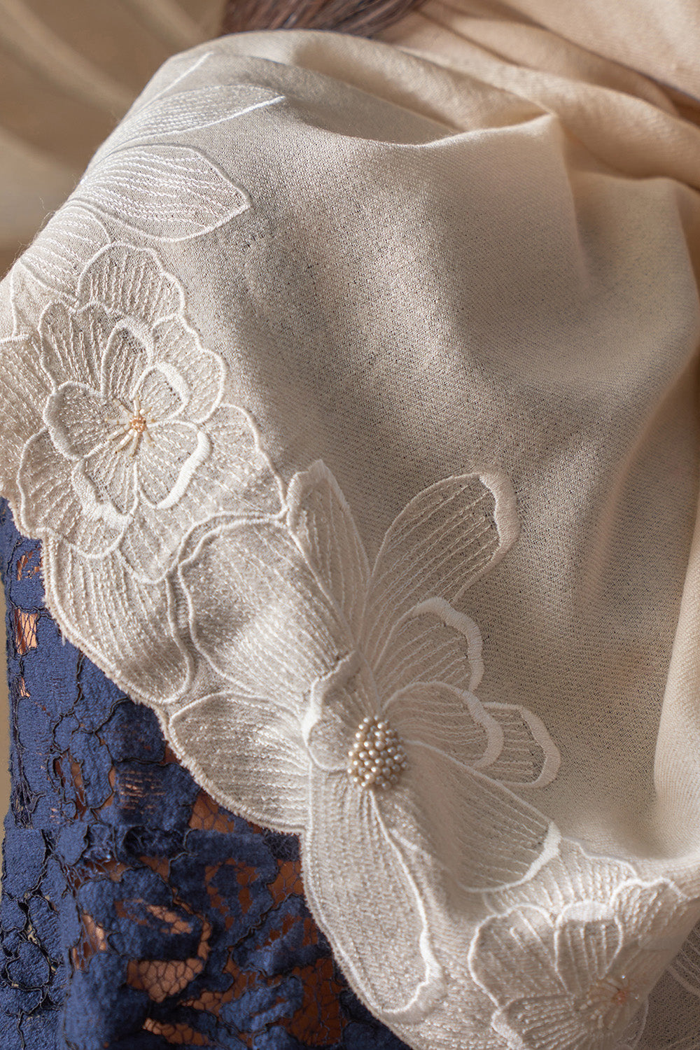 Magnolia Bloom Embroidered Wool Silk Stole