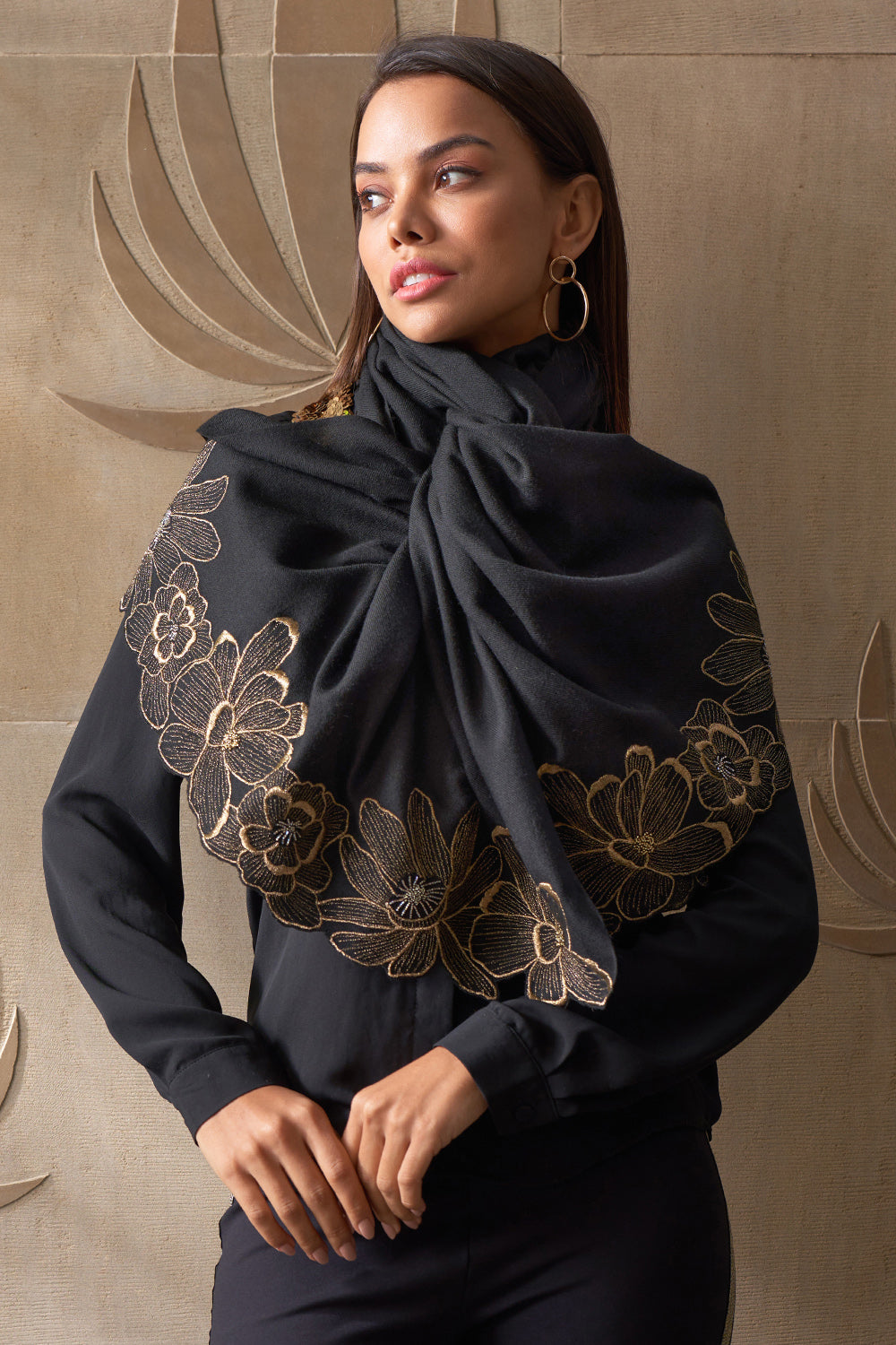 Magnolia Bloom Embroidered Wool Silk Stole
