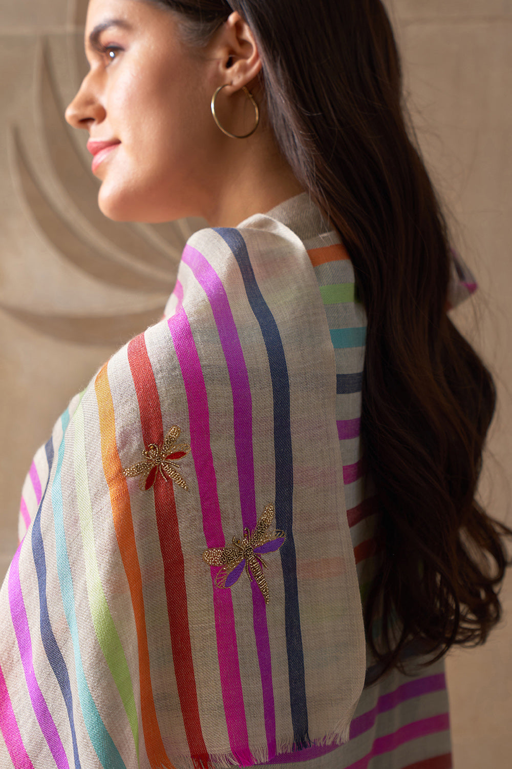 Rainbow Wings Embroidered Wool Silk Stole